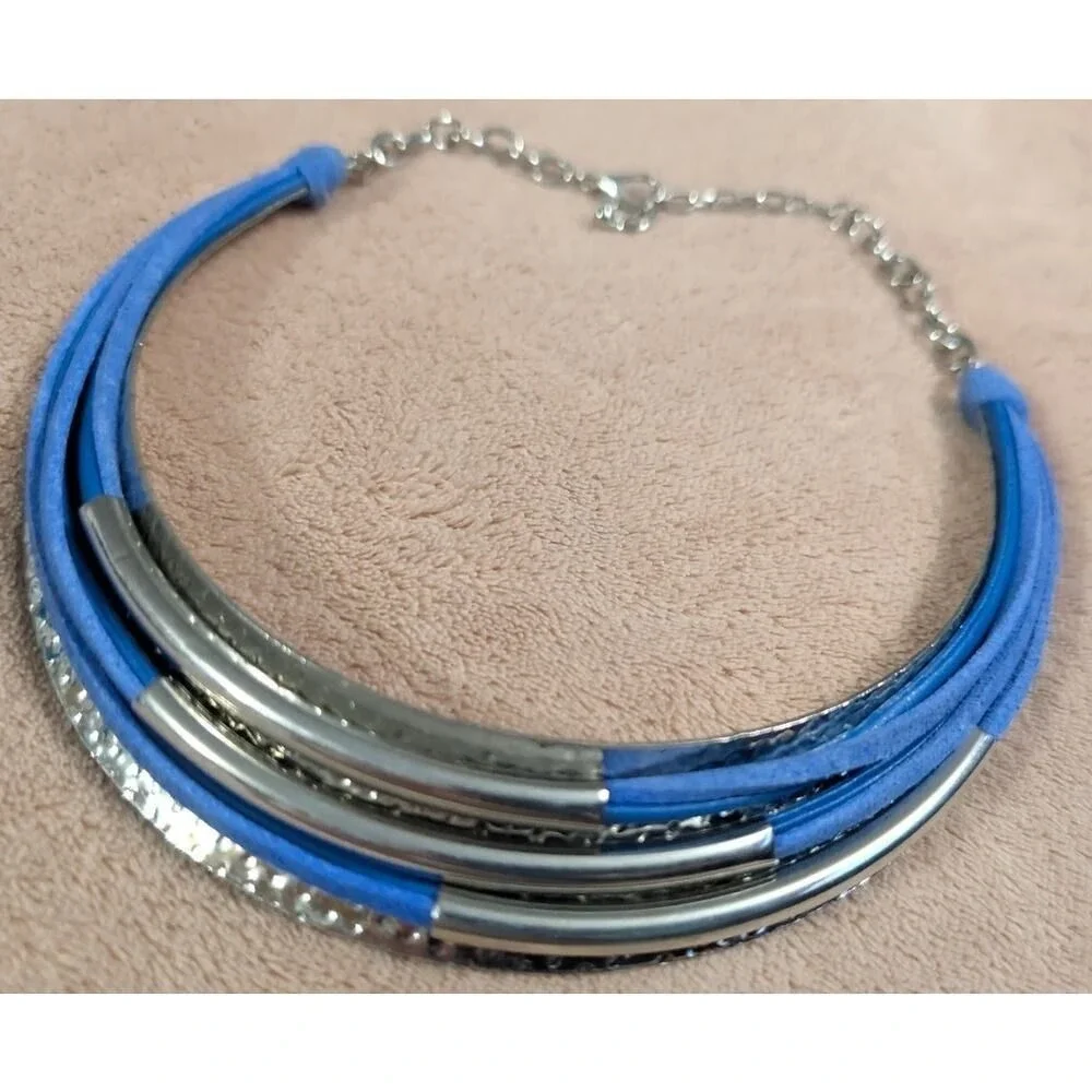 New Silvertone Blue Necklace Lobster Clasp W/ extender
